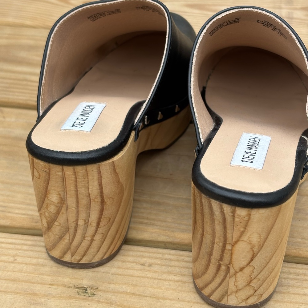 Steve Madden Black Brooklyn Clogs Mules Slides Boho Chic wooden bottom Size 8 - Picture 6 of 10